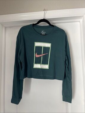 Nike Court Cropped Long Sleeve Tee - Teal with Pink Swoosh - Tennis